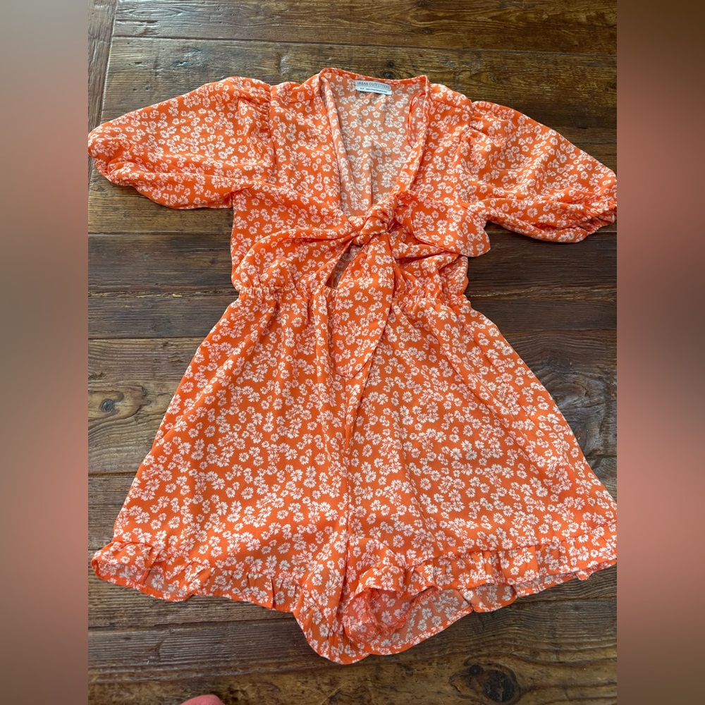 Urban Outfitters  Small Like new polyester blend Orange Floral Tie-Front Romper